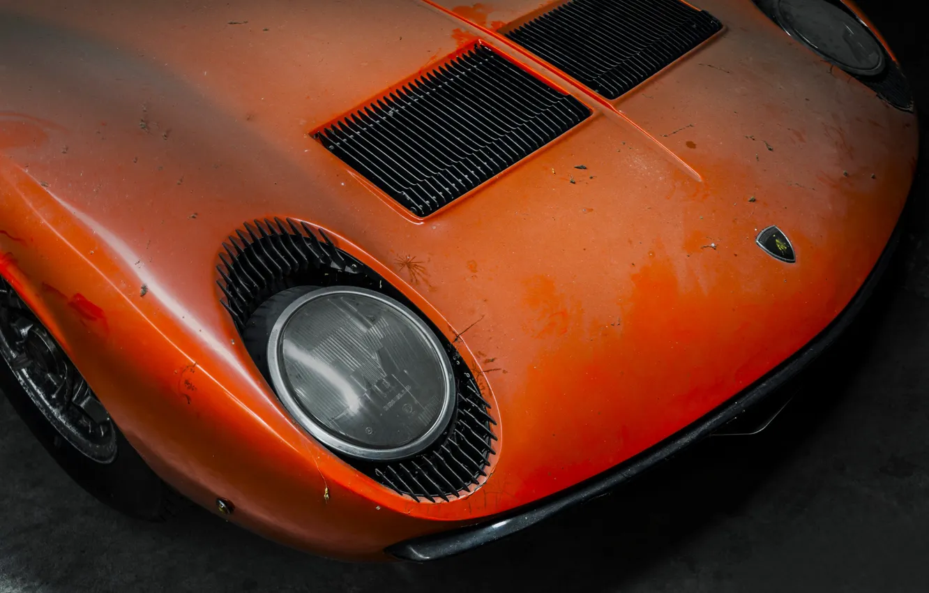 Фото обои Lamborghini, Пыль, Машина, Оранжевый, 1971, Фары, Автомобиль, Тачка