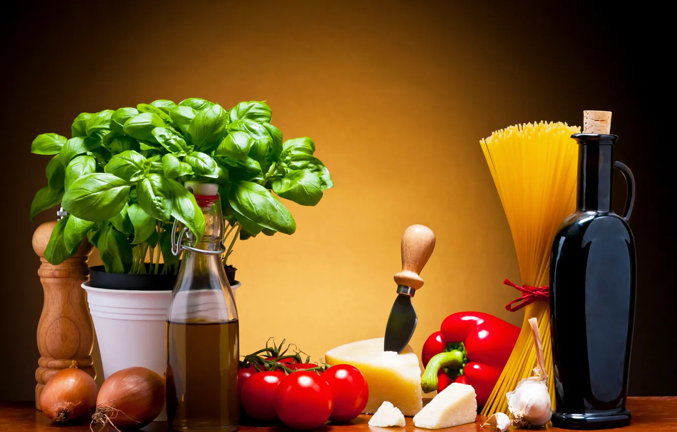Фото обои листья, вино, сыр, перец, кувшин, овощи, помидоры, спагетти