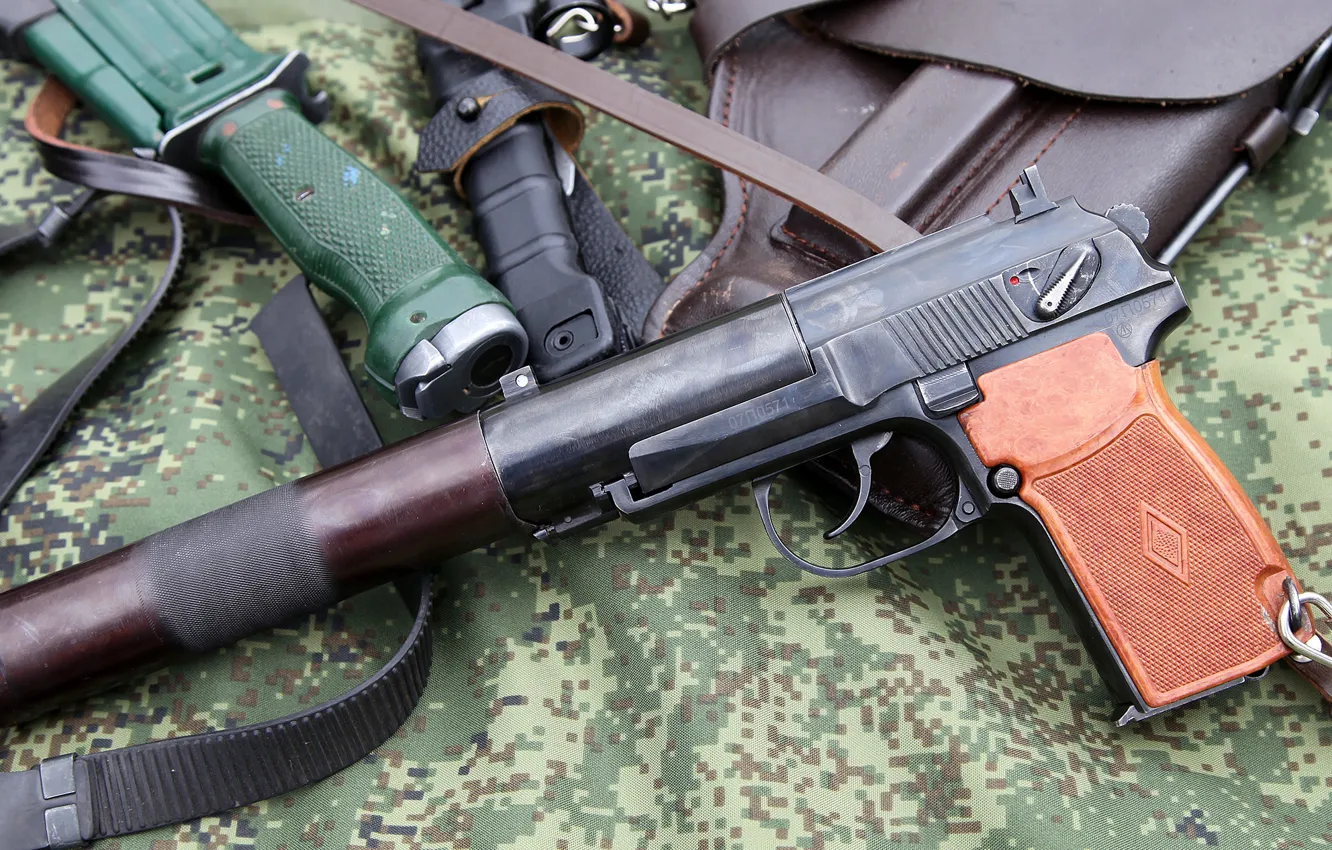 Фото обои Кобура, Штык-нож 6x9-1, Пистолет бесшумный ПБ 6П9, Нож разведчика стреляющий НРС-2