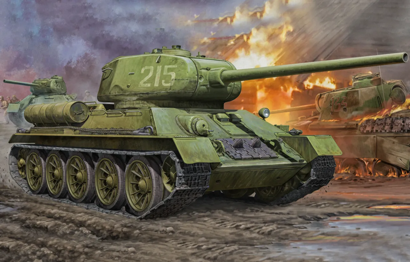 Фото обои war, art, painting, ww2, T-34-85.tank
