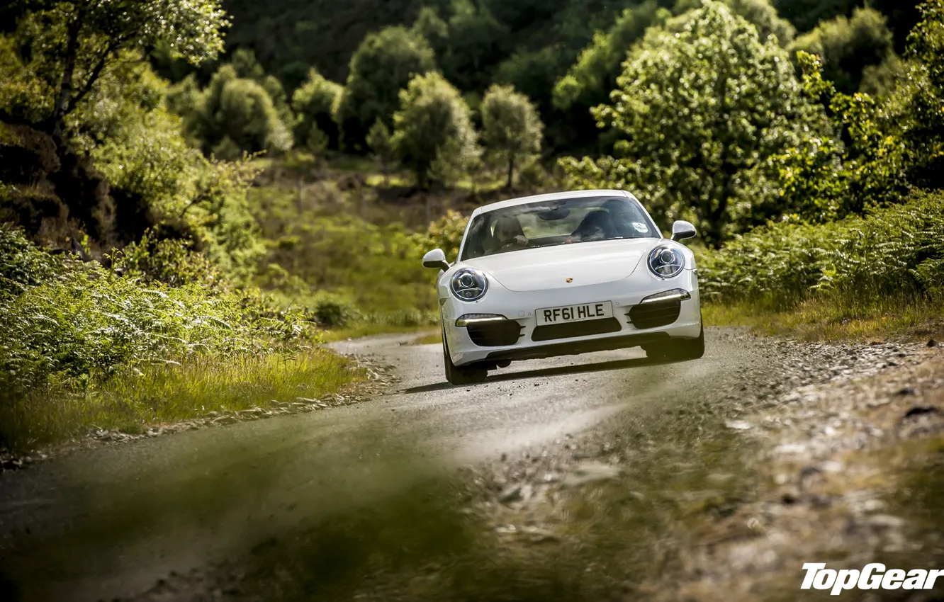 Фото обои дорога, белый, трава, деревья, 911, Porsche, Top Gear, суперкар