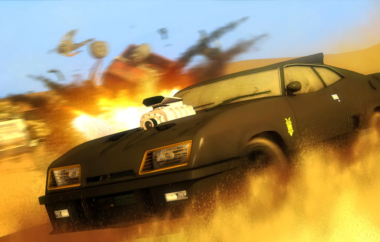 Фото обои пустыня, погоня, автомобиль, Mad Max, Ford Falcon, V8 Interceptor