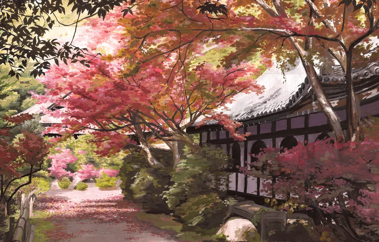 Фото обои осень, деревья, скамейка, дом, забор, тень, Япония, дорожка