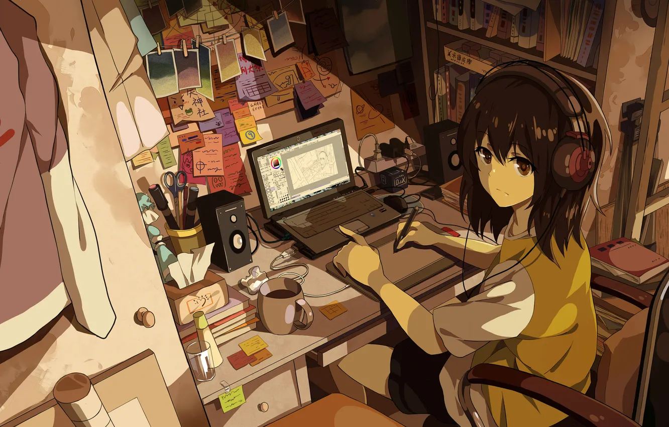 Фото обои компьютер, наушники, арт, рисунки, девочка, ноутбук, yanshoujie