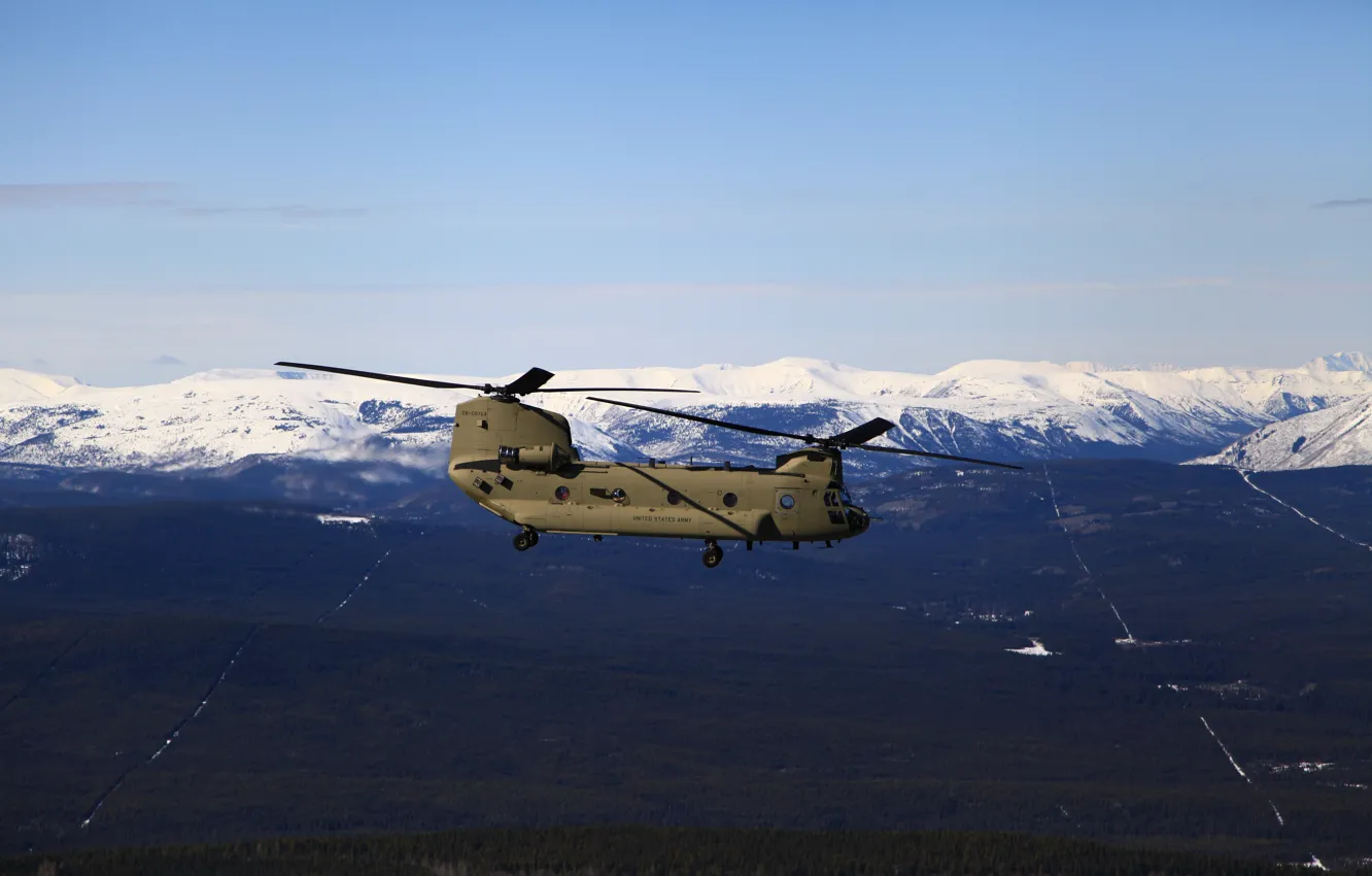 Фото обои снег, полет, горы, вершины, местность, Alaska, helicopter, ВВС США
