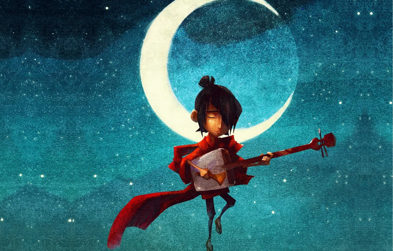 Фото обои animation, moon, guitar, fantasy, magic, sky, design, blue
