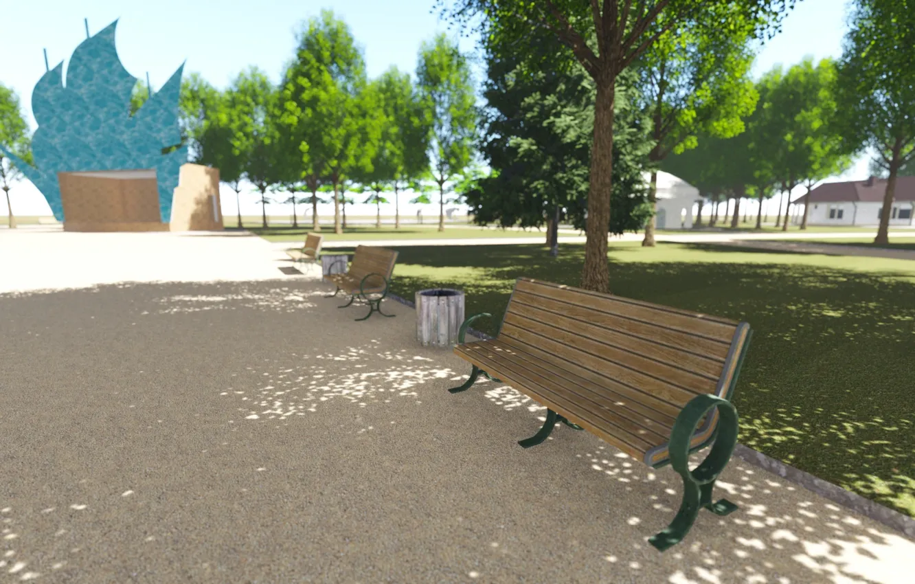 Фото обои песок, скамейка, парк, визуализация, рендер