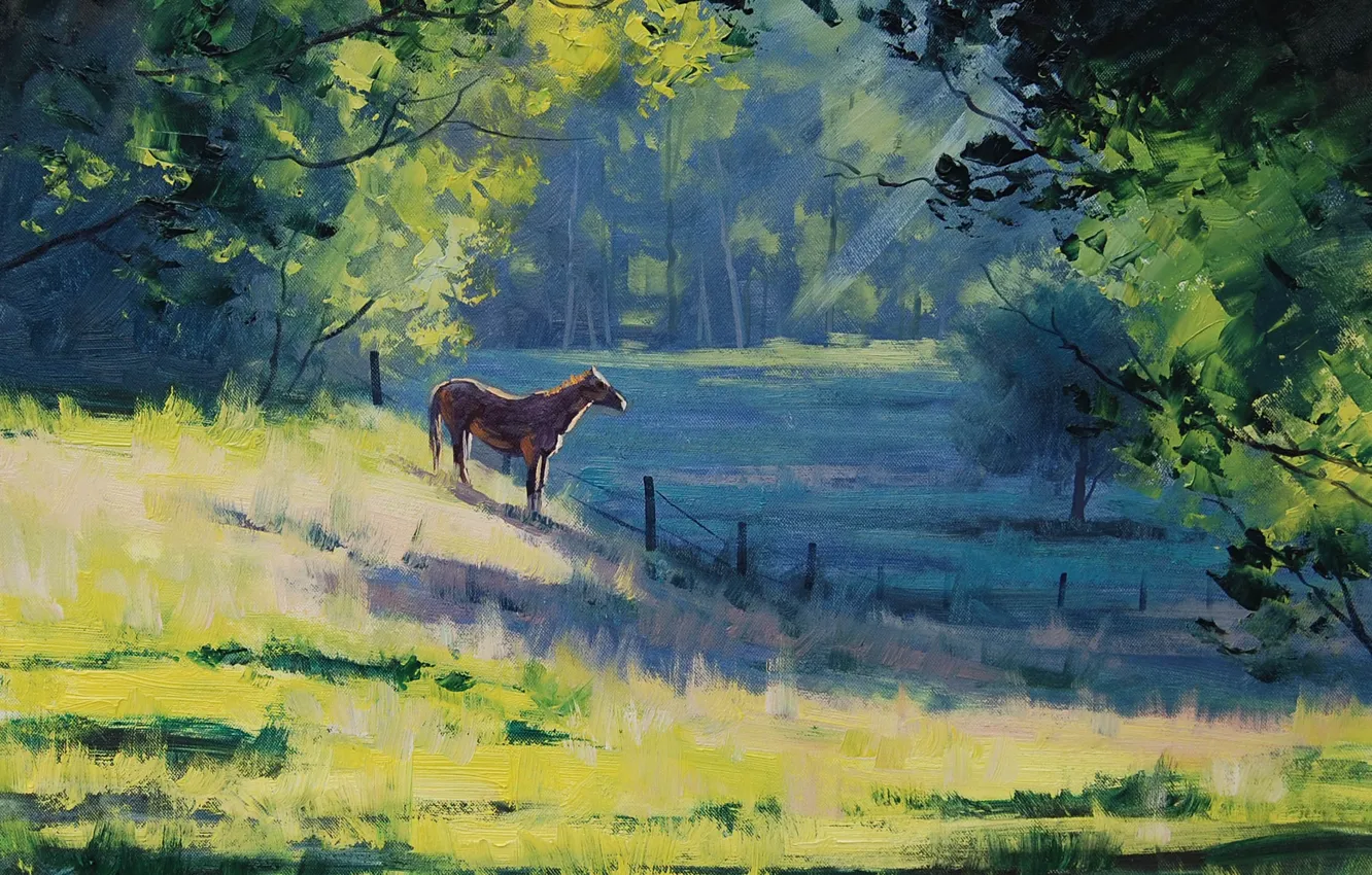 Фото обои зелень, деревья, пейзаж, конь, лошадь, забор, утро, арт