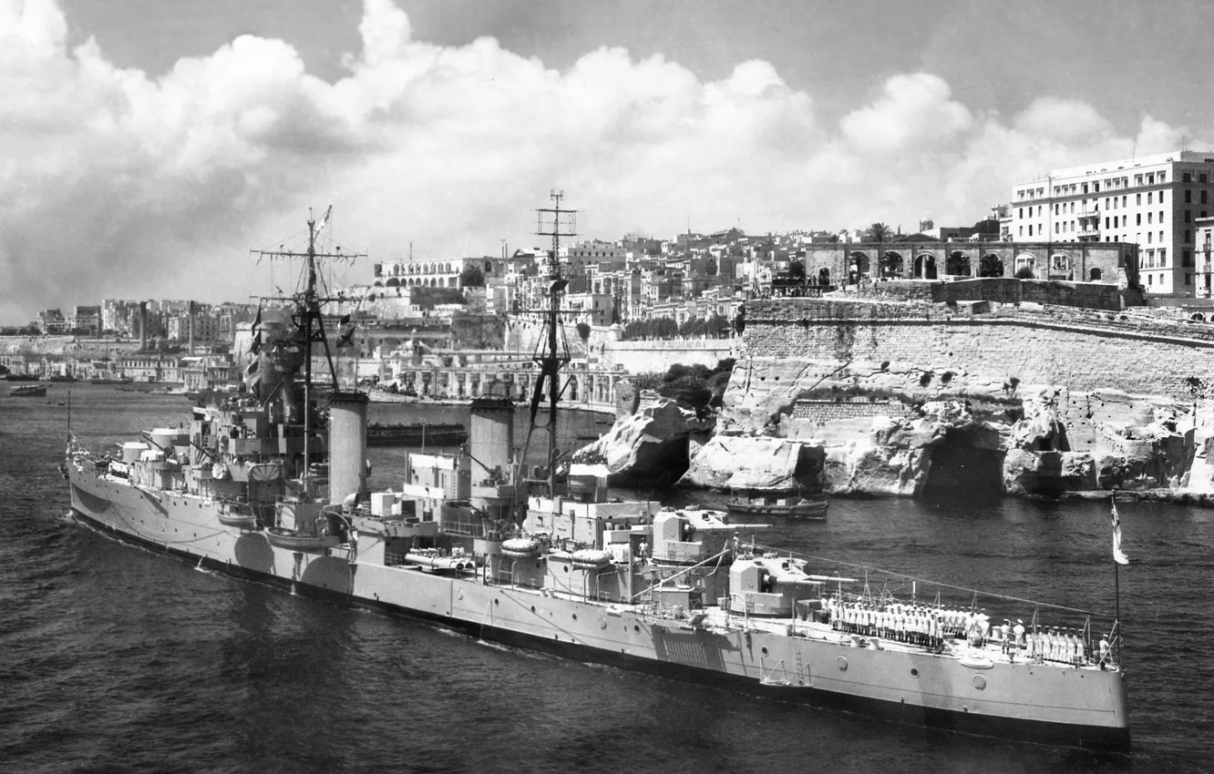 Фото обои крейсер, визит, ВМС Новой Зеландии, HMNZS Black Prince, Мальта 1953