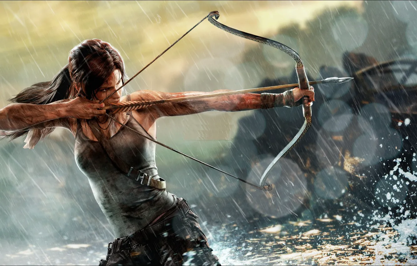 Фото обои девушка, дождь, майка, лук, арт, снаряжение, Lara Croft, Tomb raider