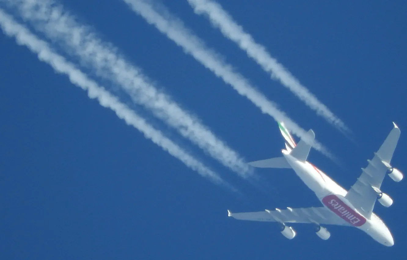Фото обои небо, самолёт, blue, A380, Airbus, Emirates Airline