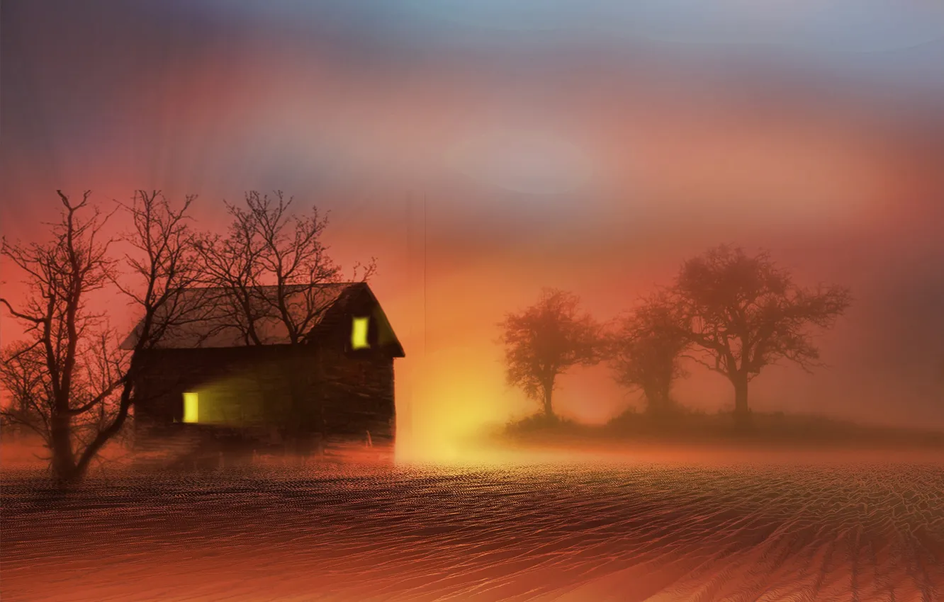 Фото обои ночь, туман, дом