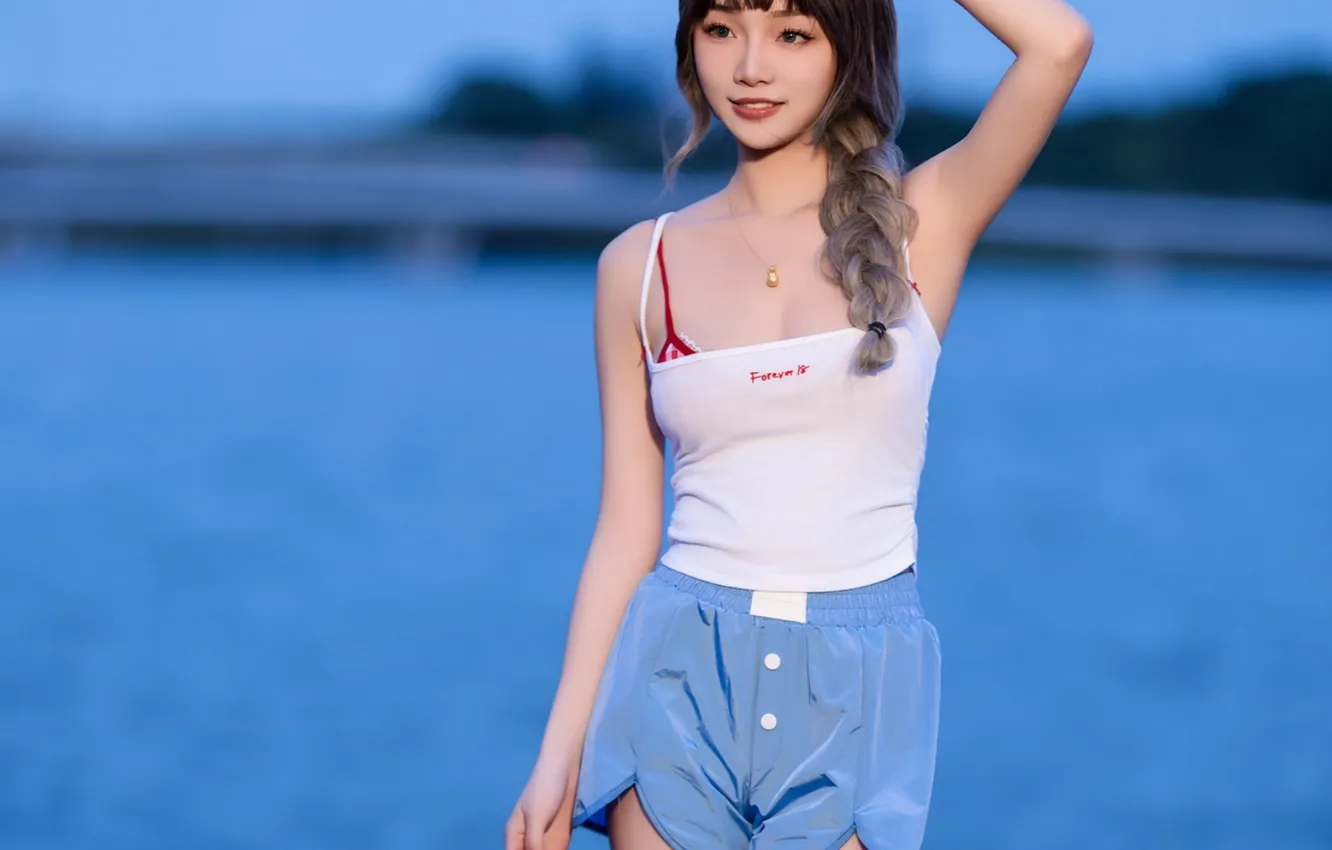 Фото обои Beautiful, Asian, Model, Water, Smile, Night, Woman, River