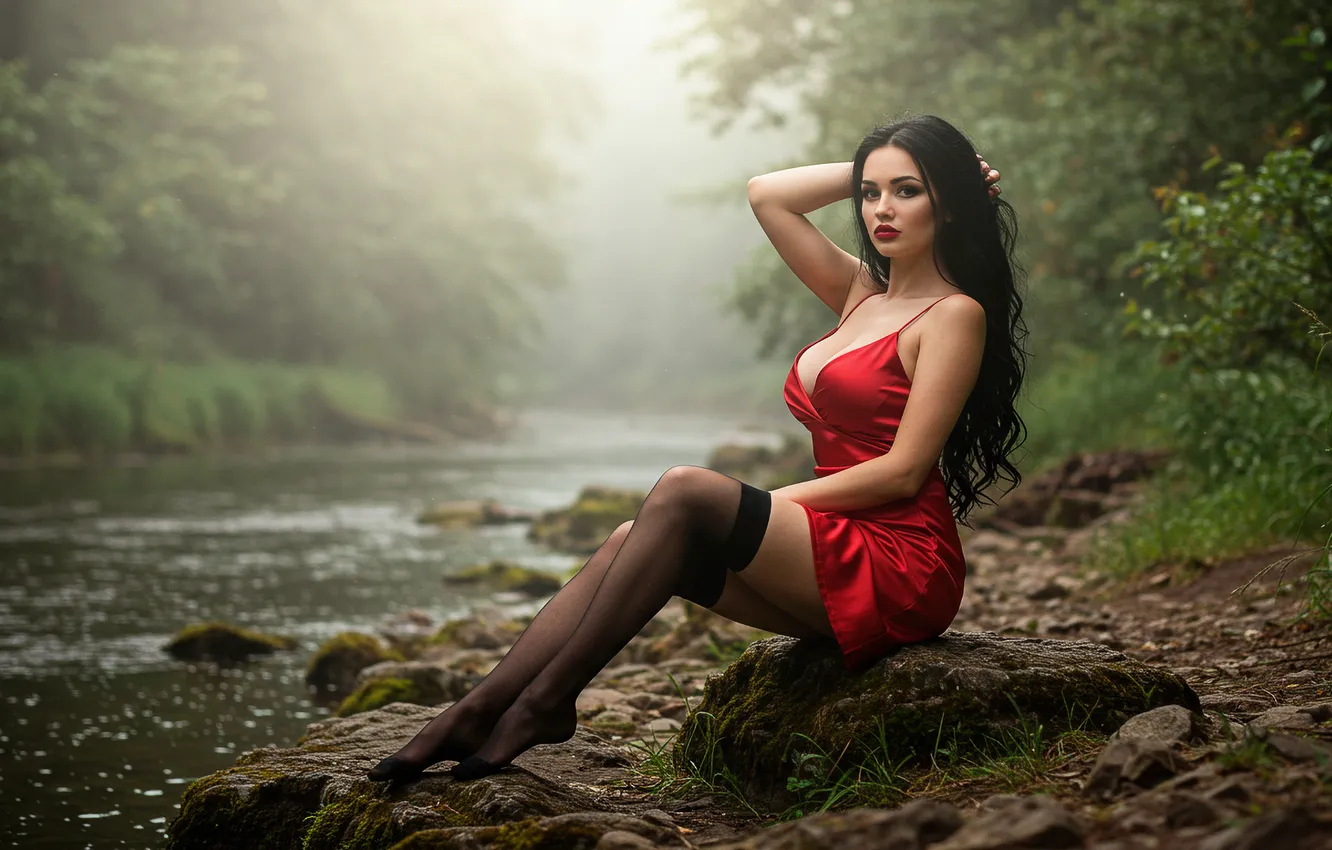 Фото обои девушка, река, берег, платье, арт, wallpaper, girl, сидит