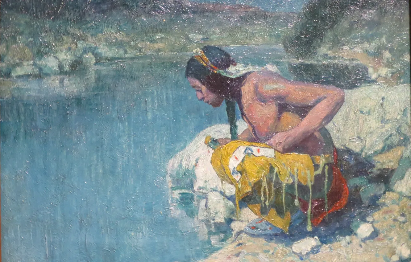 Фото обои река, Eanger Irving Couse, c. 1921, Indian at Sacred Lake