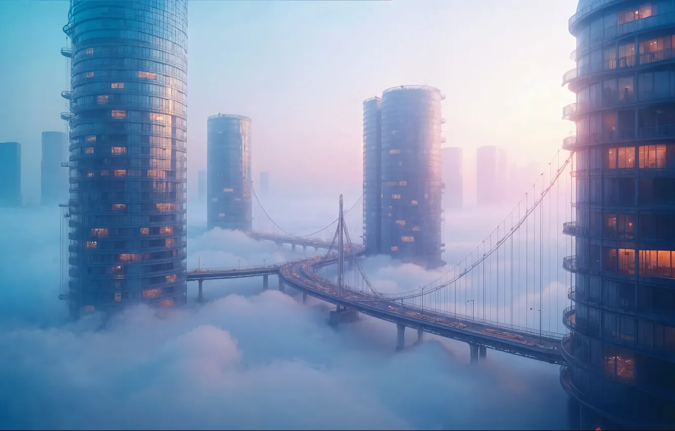 Фото обои небо, солнце, свет, мост, город, туман, рассвет, вид