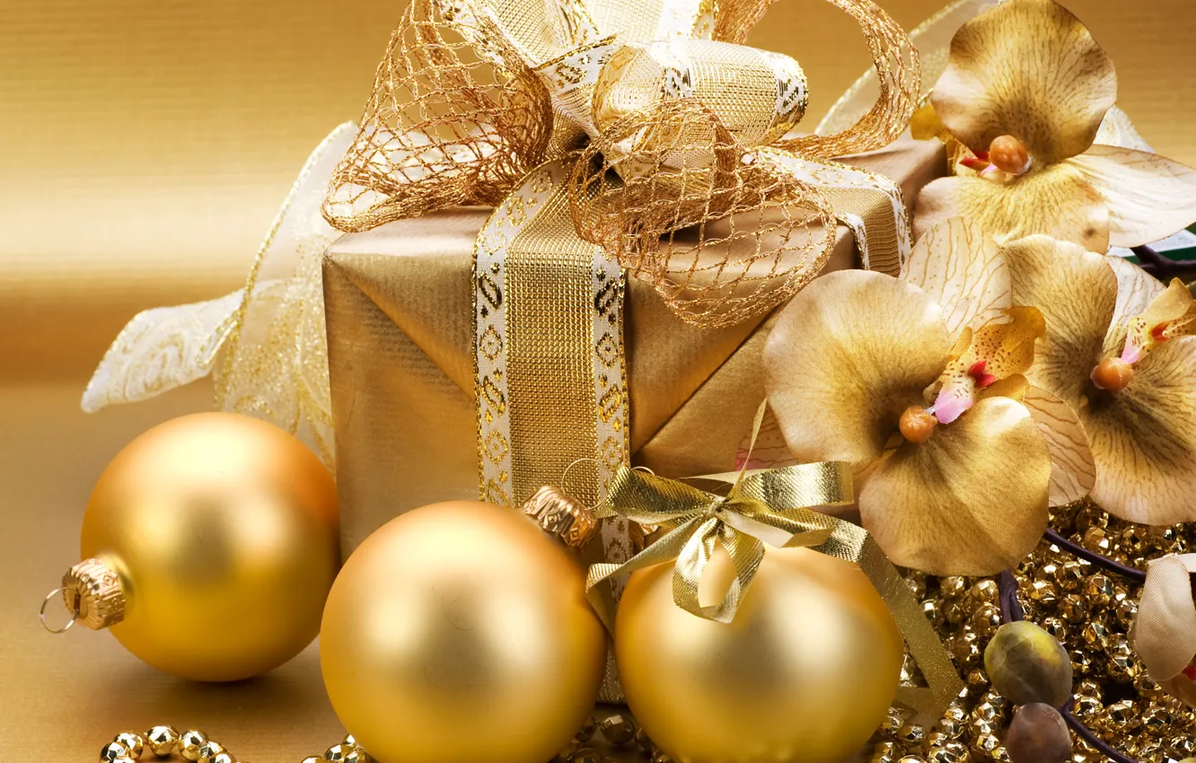 Фото обои украшения, шары, Новый Год, Рождество, gold, Christmas, золотые, decoration