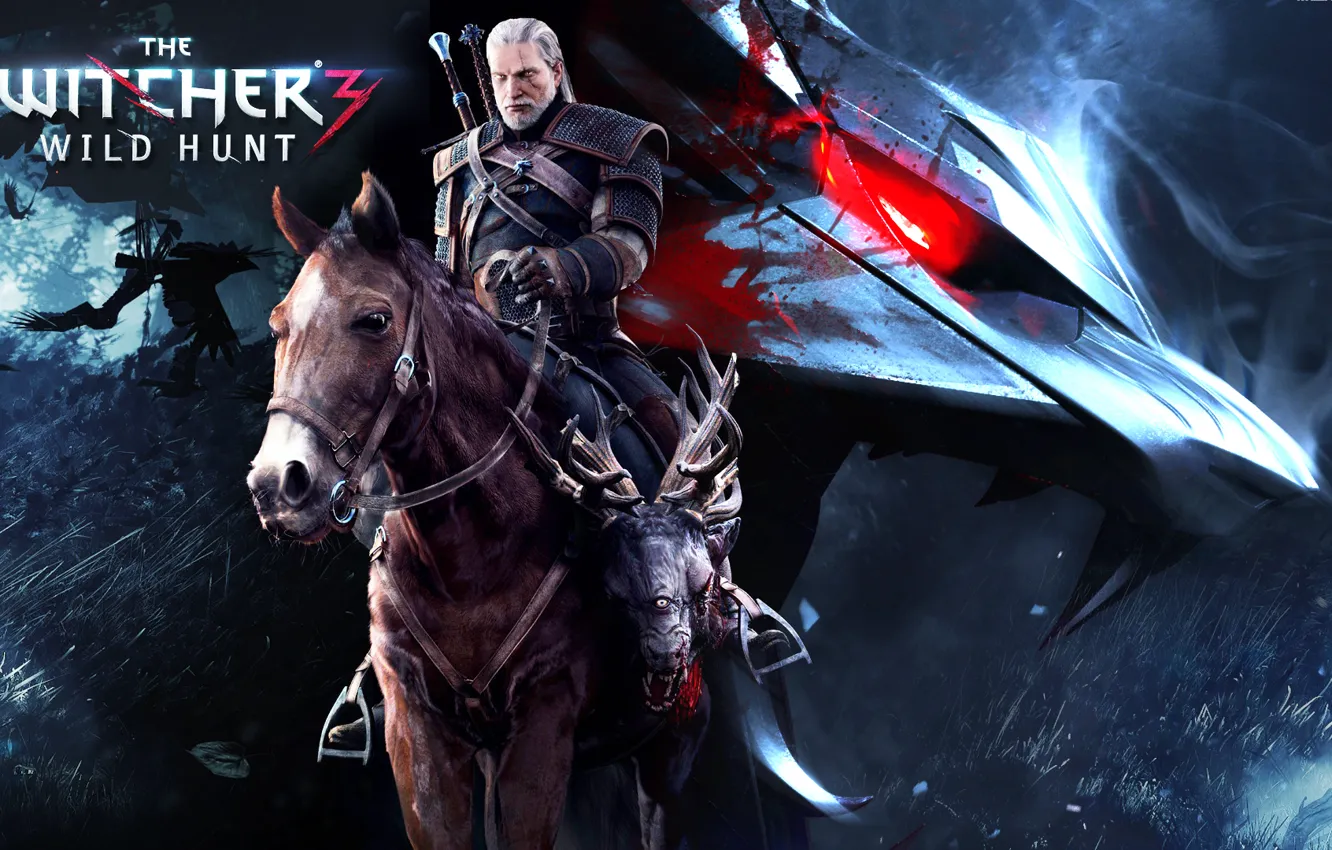 Фото обои Лошадь, Трава, Птицы, Геральт, the witcher 3 wild hunt, Ведьмак 3 дикая охота