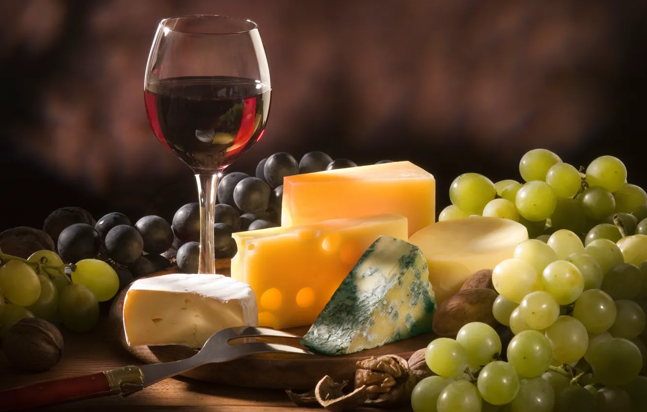 Фото обои вино, красное, сыр, виноград, орехи, разный, сорта