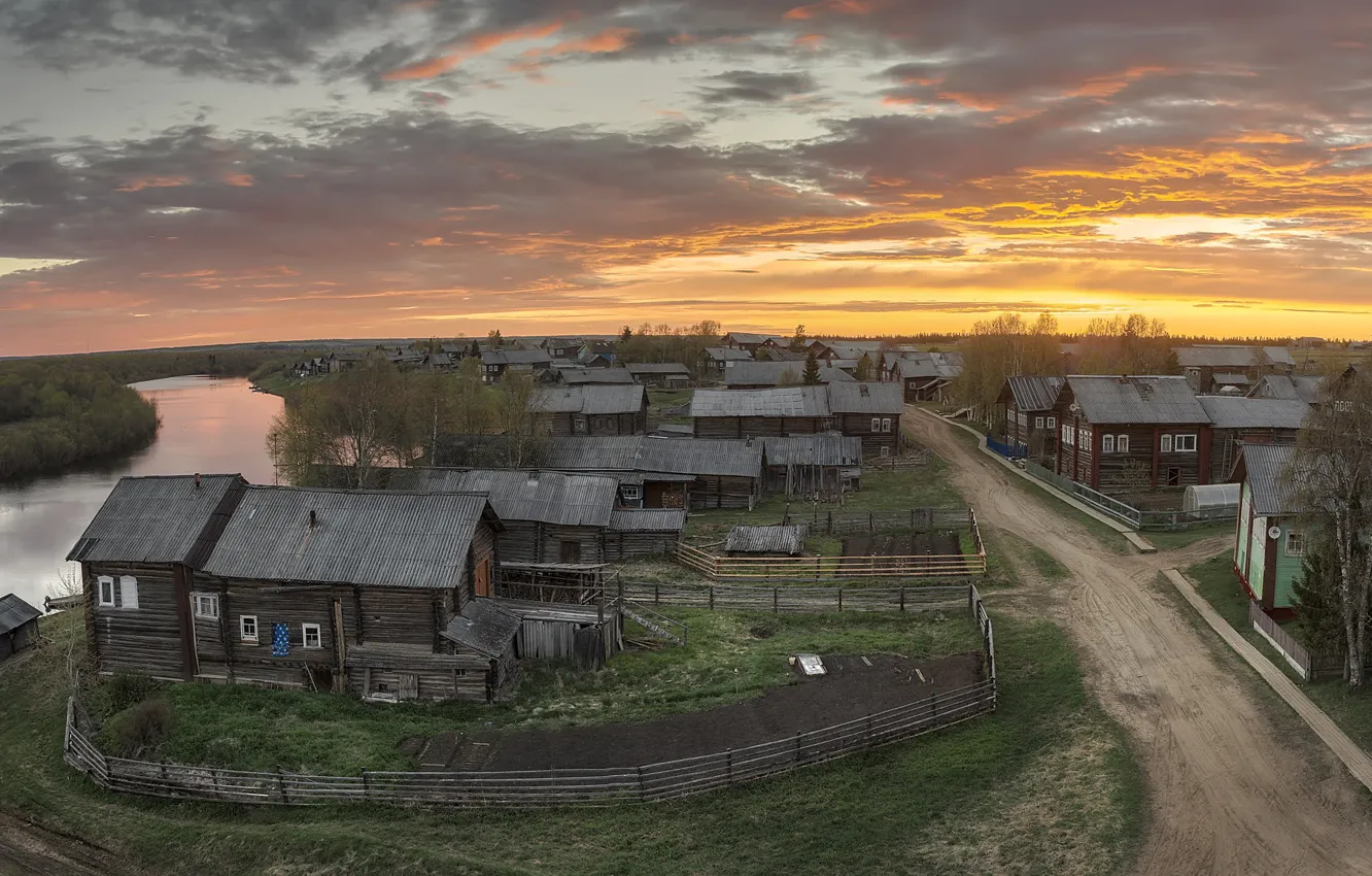 Фото обои лето, река, вечер, деревня, Архангельская область, Кимжа
