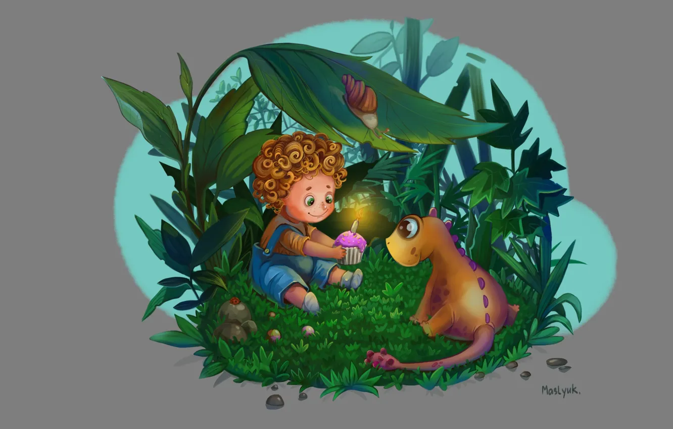 Фото обои день рождения, улитка, малыш, фэнтези, арт, дракончик, иллюстрация, поздравление