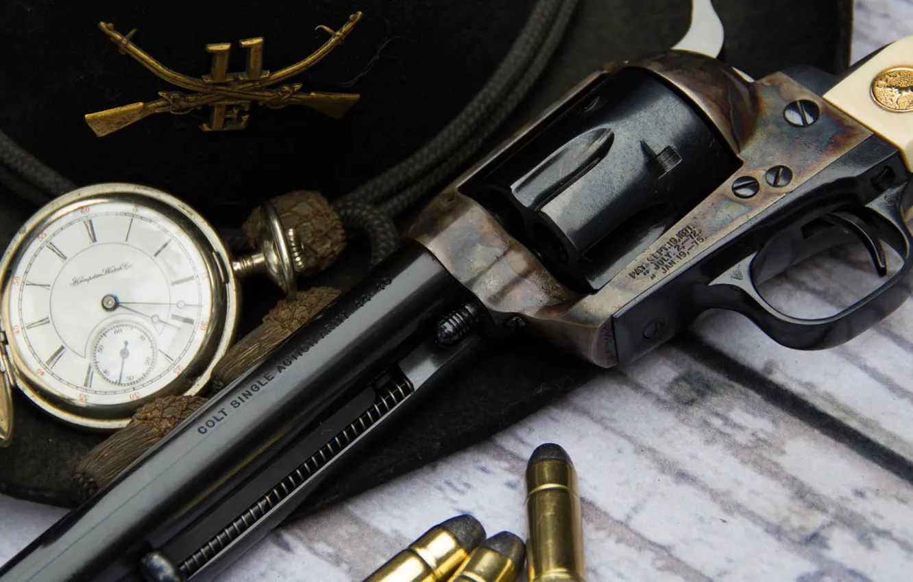 Фото обои оружие, часы, шляпа, ствол, патроны, револьвер, Colt, Action Army