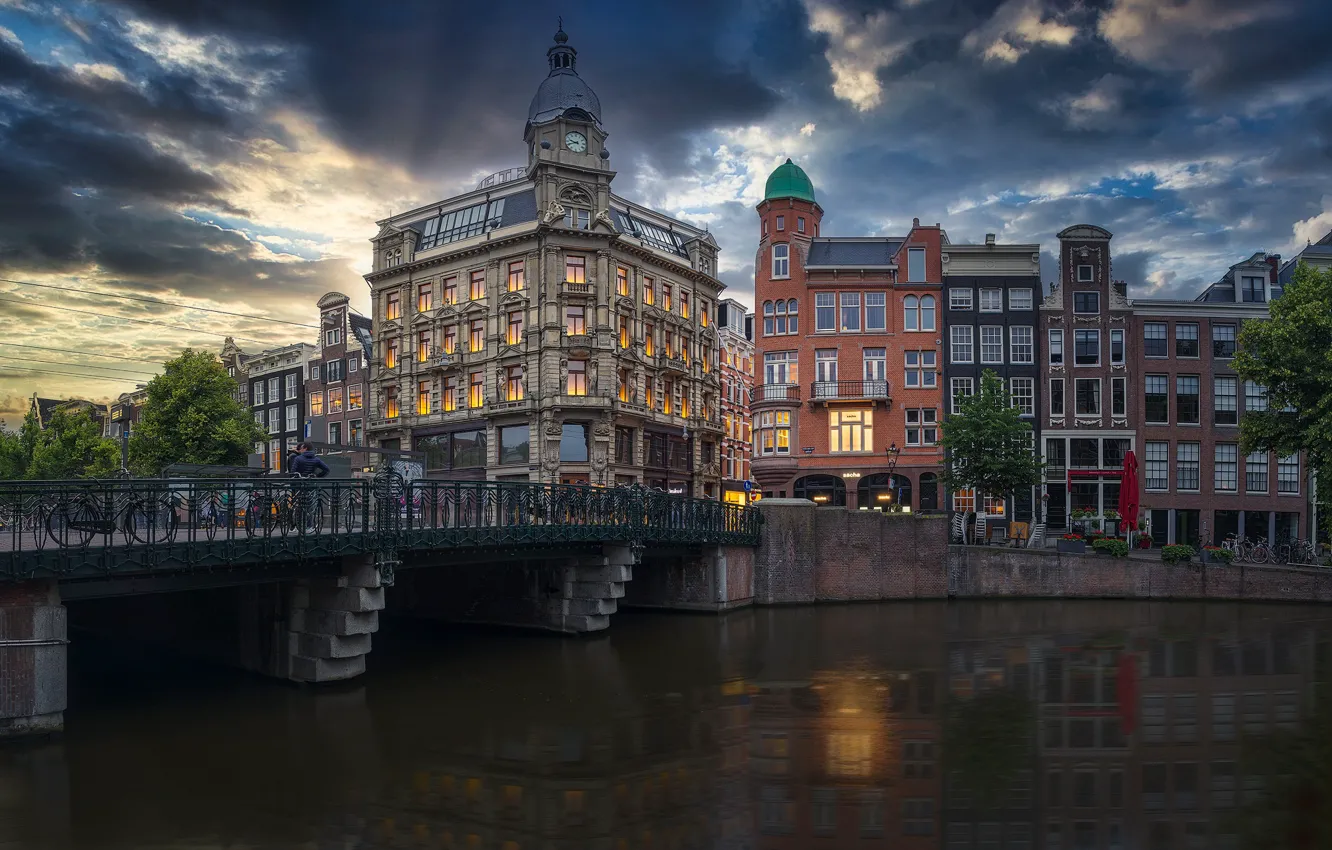 Фото обои мост, здания, дома, Амстердам, канал, Нидерланды, Amsterdam, Netherlands