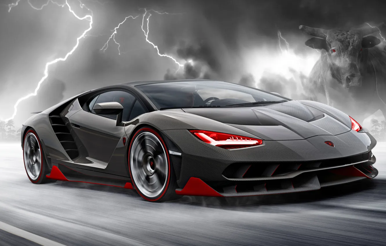 Фото обои тучи, молнии, скорость, Lamborghini, мощь, силуэт, lightning, power