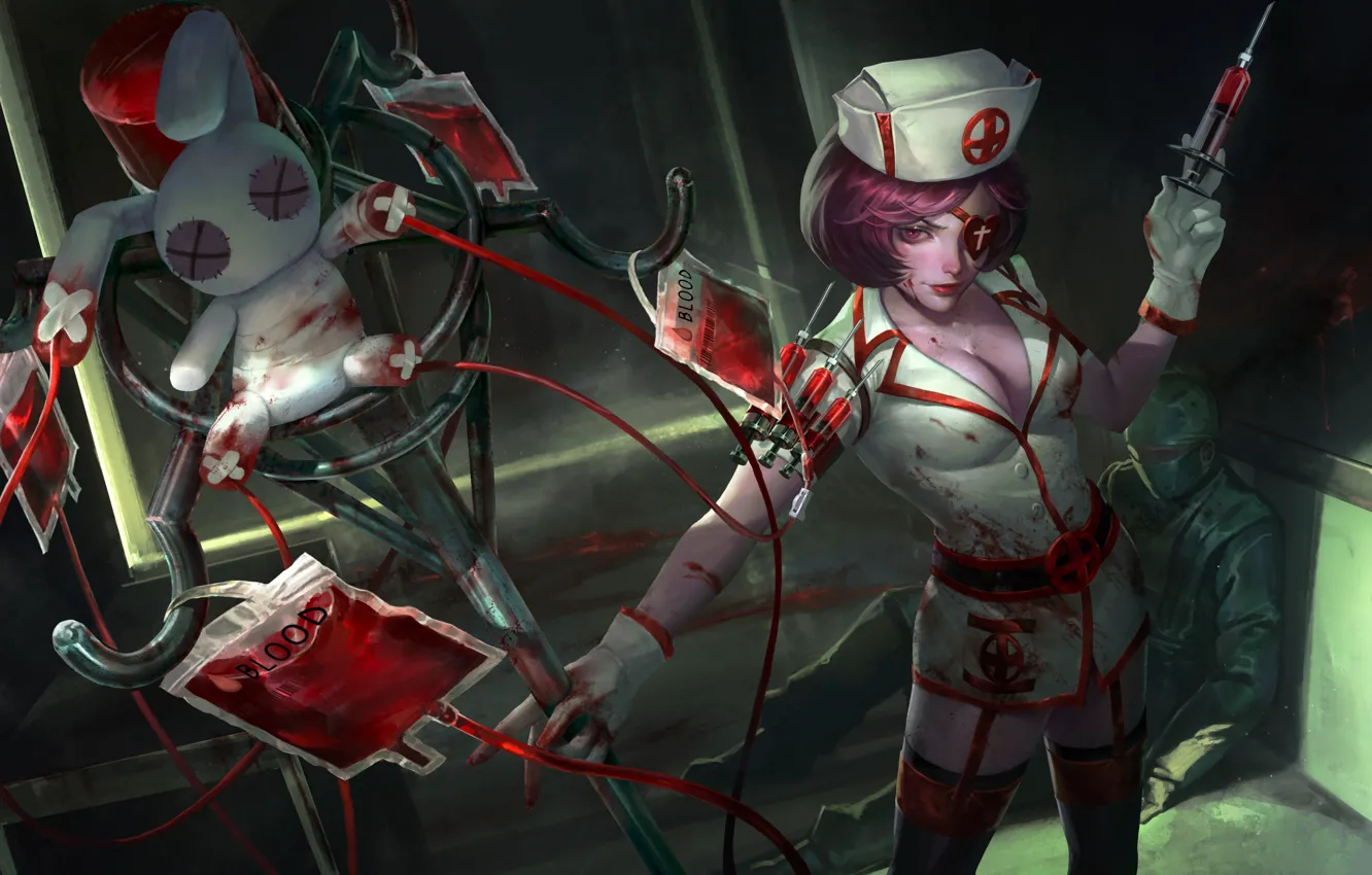 Фото обои грудь, кровь, кролик, костюм, медсестра, шприц, art, Heroes of Newerth