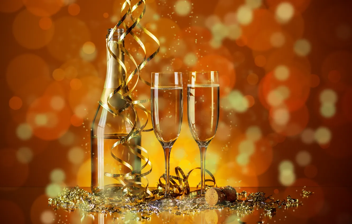 Фото обои праздник, бутылка, новый год, бокалы, пробка, шампанское, серпантин, боке