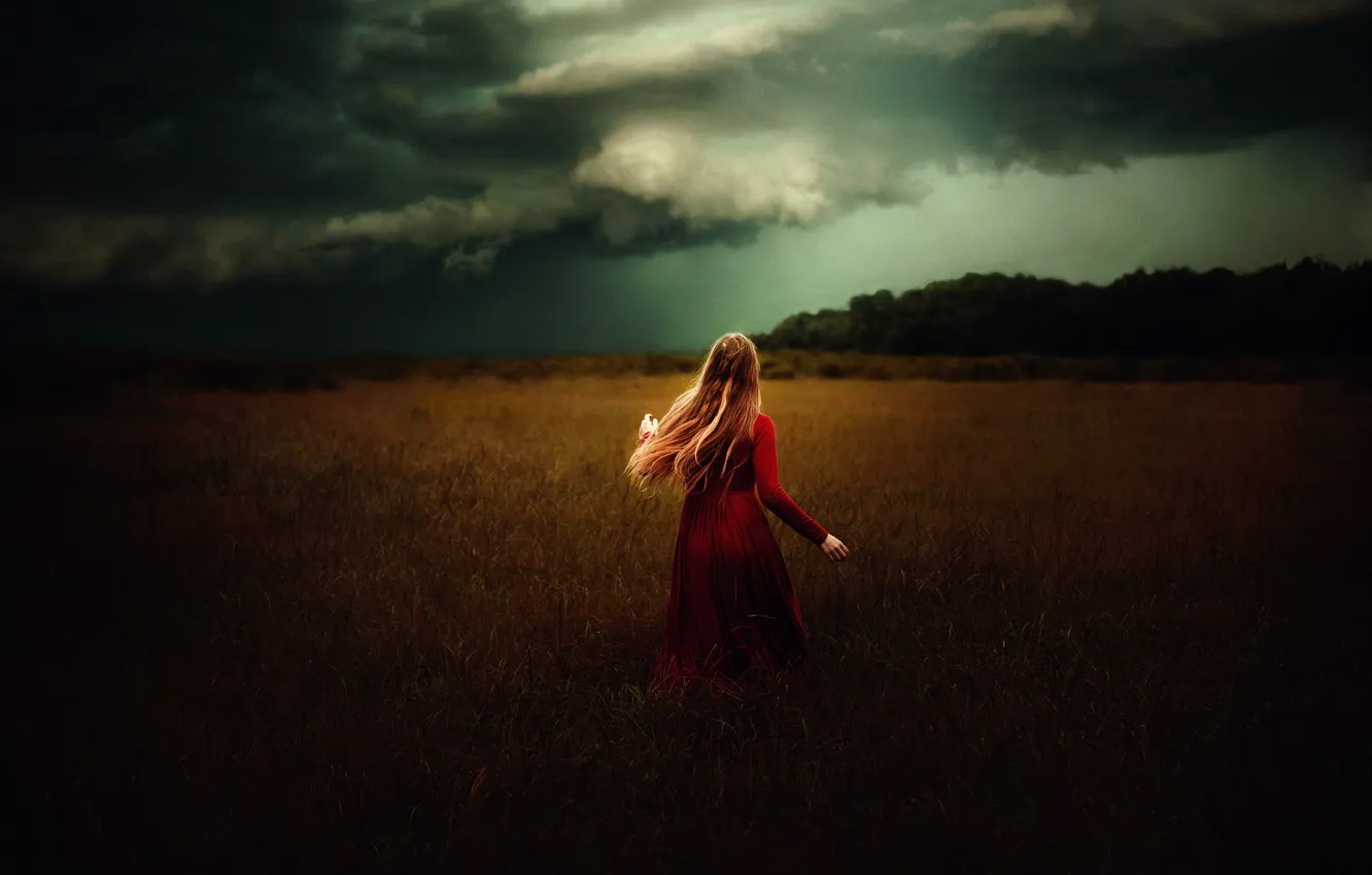 Фото обои поле, девушка, тучи, в красном, TJ Drysdale, The Lady In Red