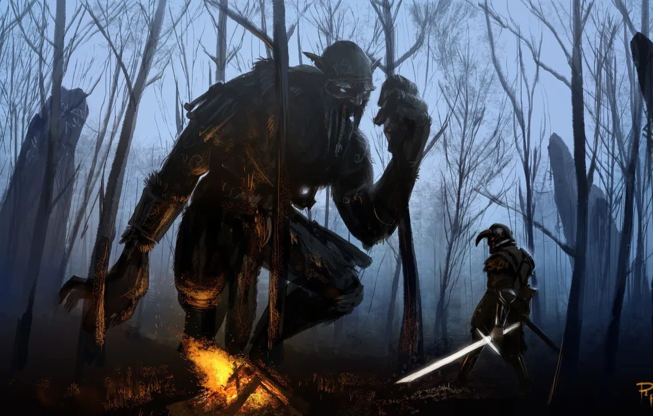 Фото обои лес, человек, меч, доспехи, воин, великан, арт