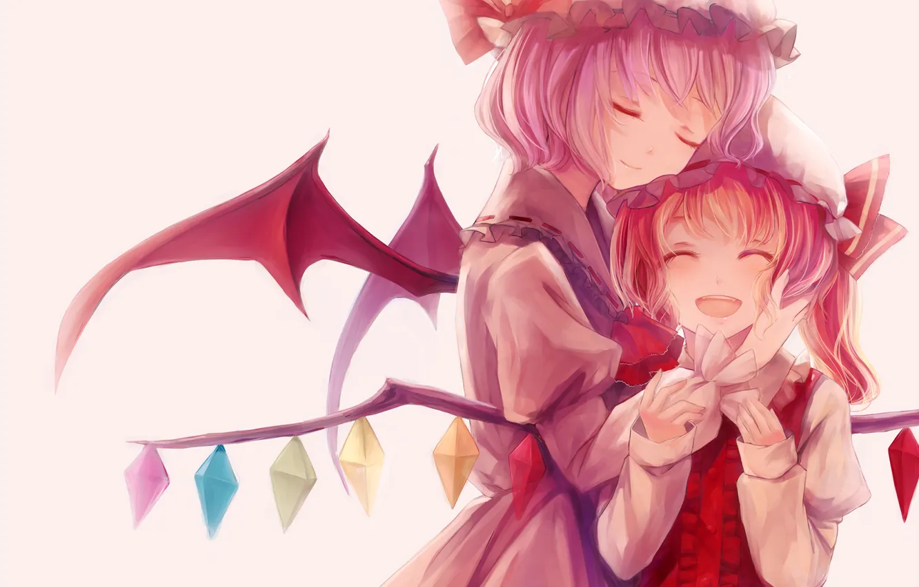 Фото обои радость, девушки, крылья, арт, кристаллы, бантик, чепчик, touhou