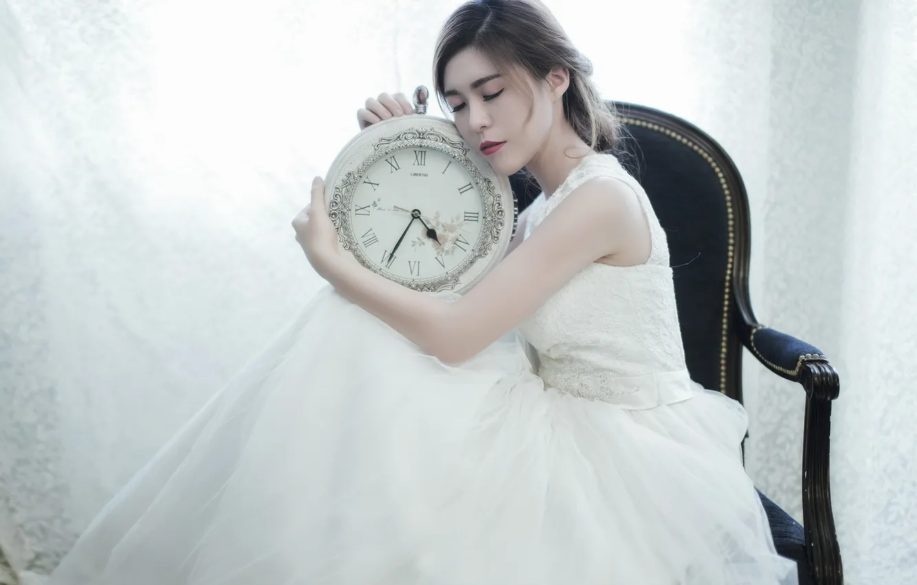 Фото обои девушка, часы, невеста
