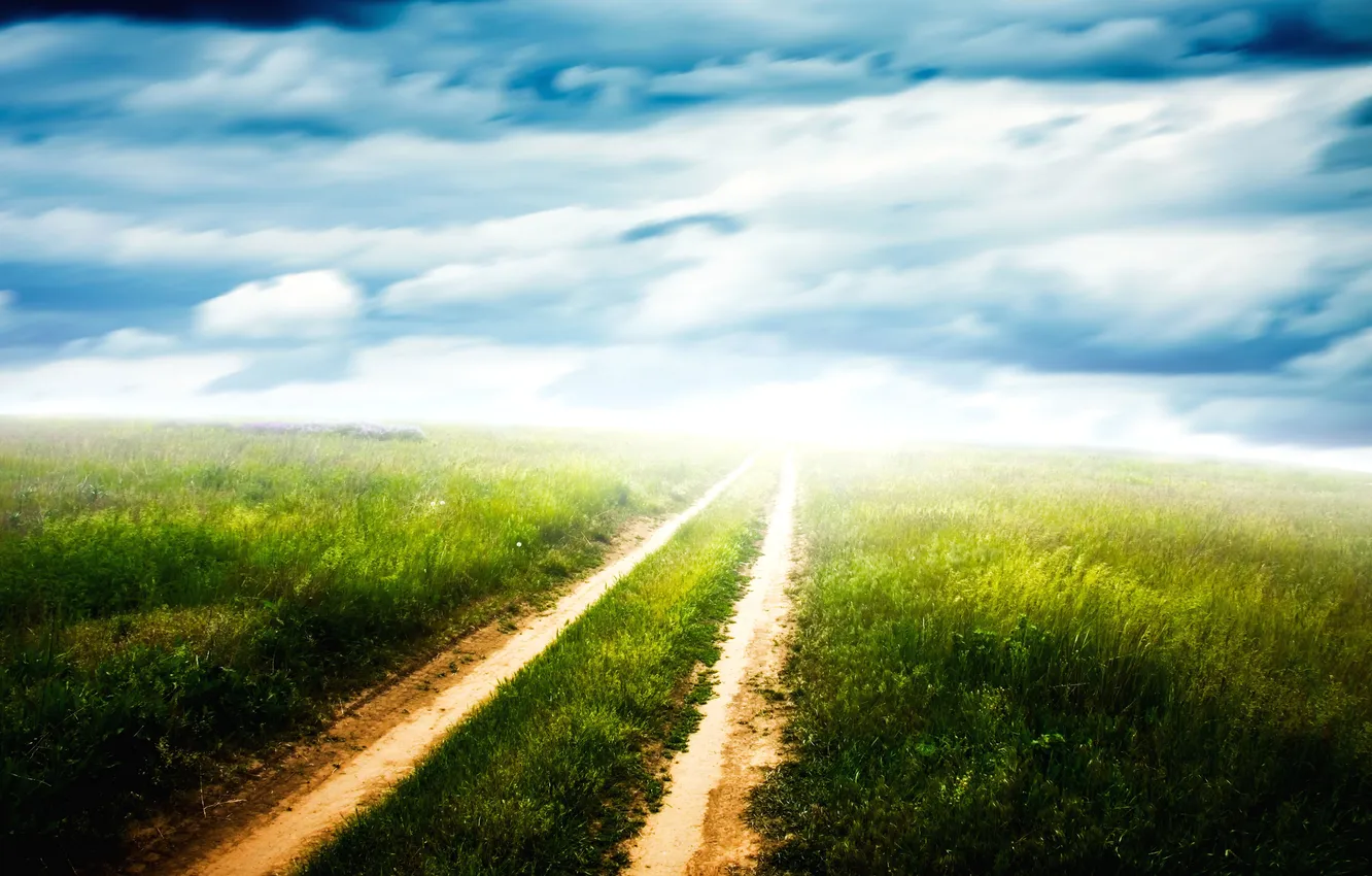 Фото обои дорога, поле, облака, горизонт, колея, просёлочная, Green pathway