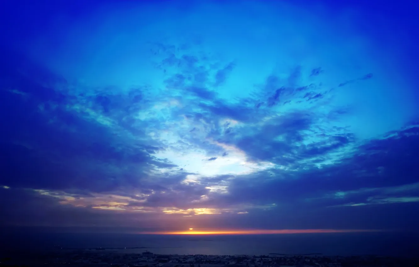 Фото обои море, солнце, закат, горизонт, залив