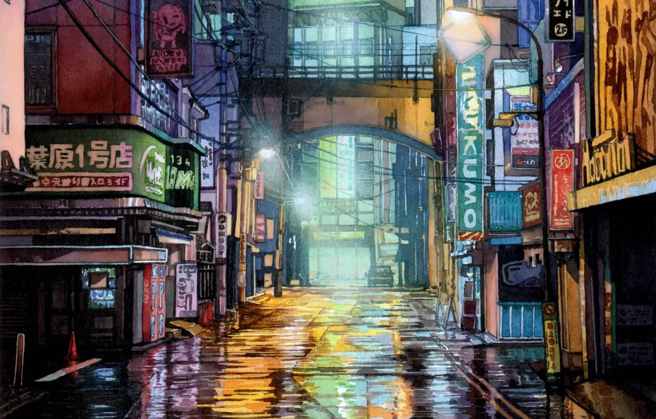 Фото обои провода, Япония, мокрый асфальт, огни ночного города, безлюдный город, свет фонарей, огни реклам, by Mateusz …