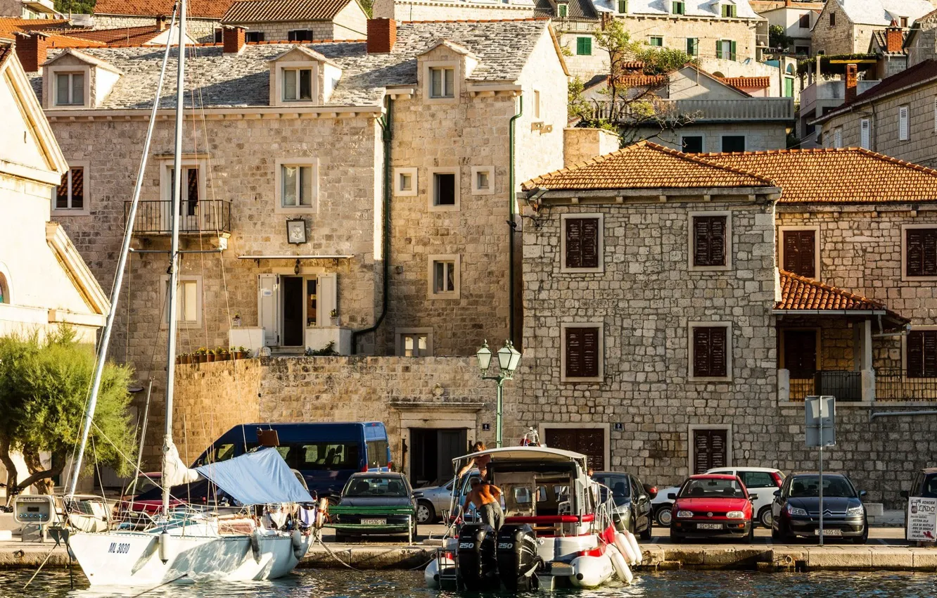 Фото обои море, машины, дома, лодки, cars, sea, houses, Хорватия