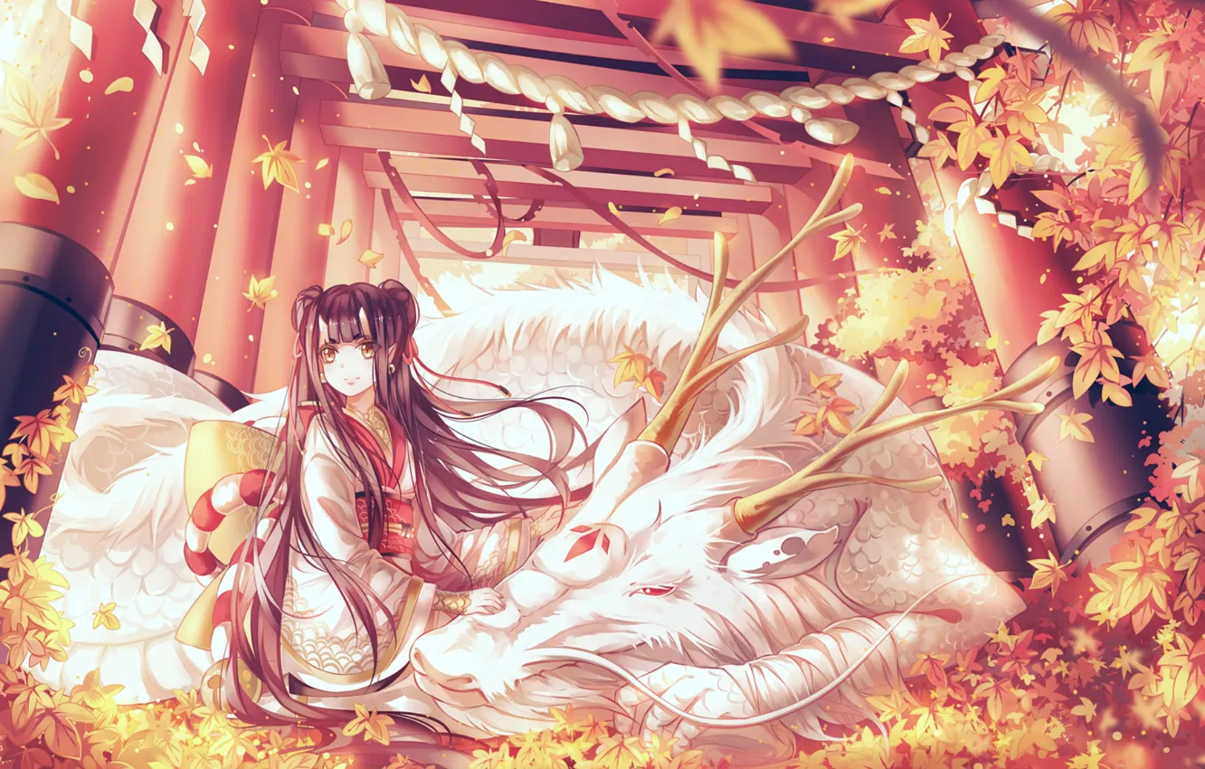 Фото обои осень, листья, девушка, ветер, дракон, веревка, ворота, рога