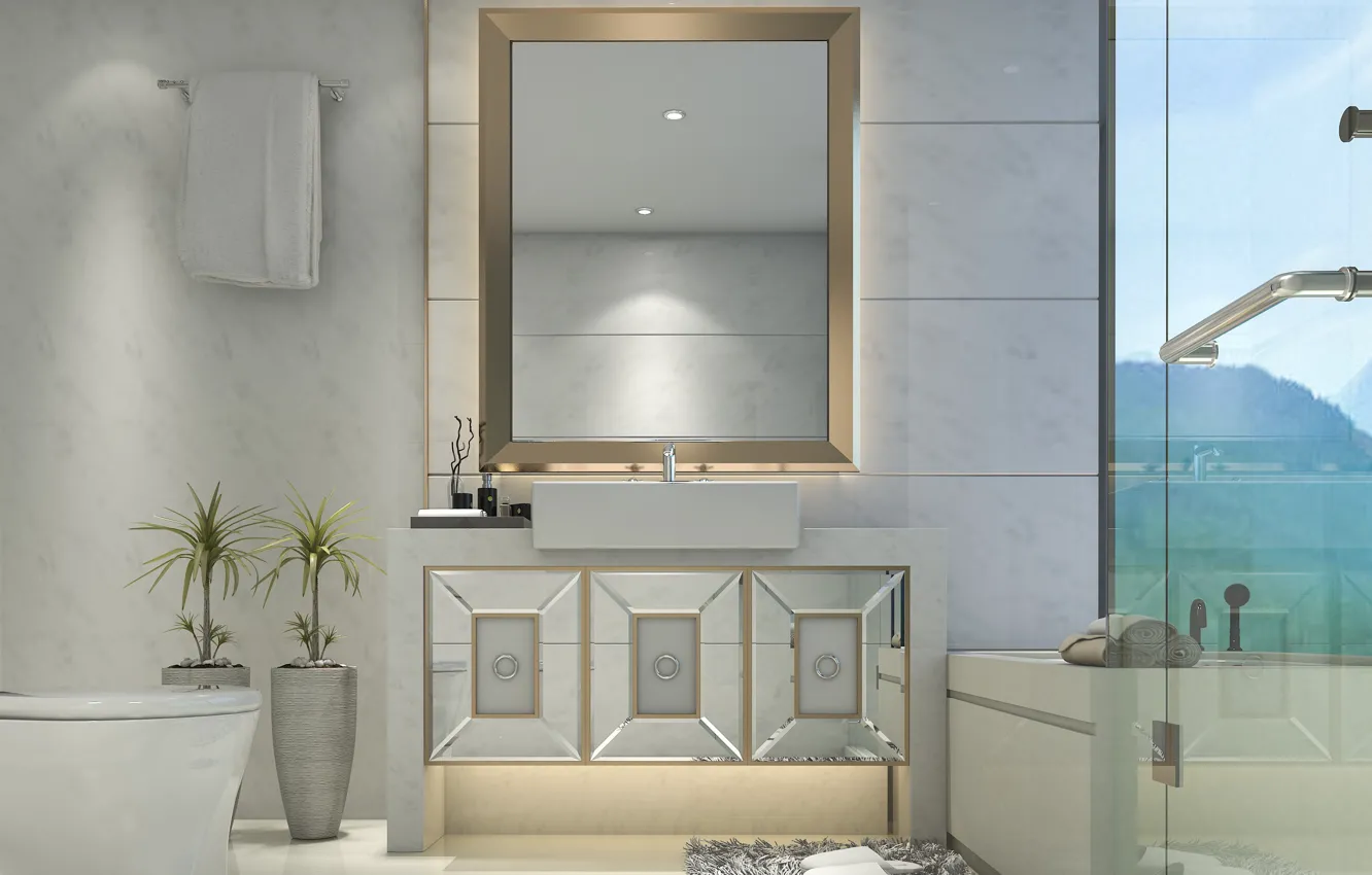 Фото обои цветы, вилла, интерьер, зеркало, modern, decor, bathroom, вазоны