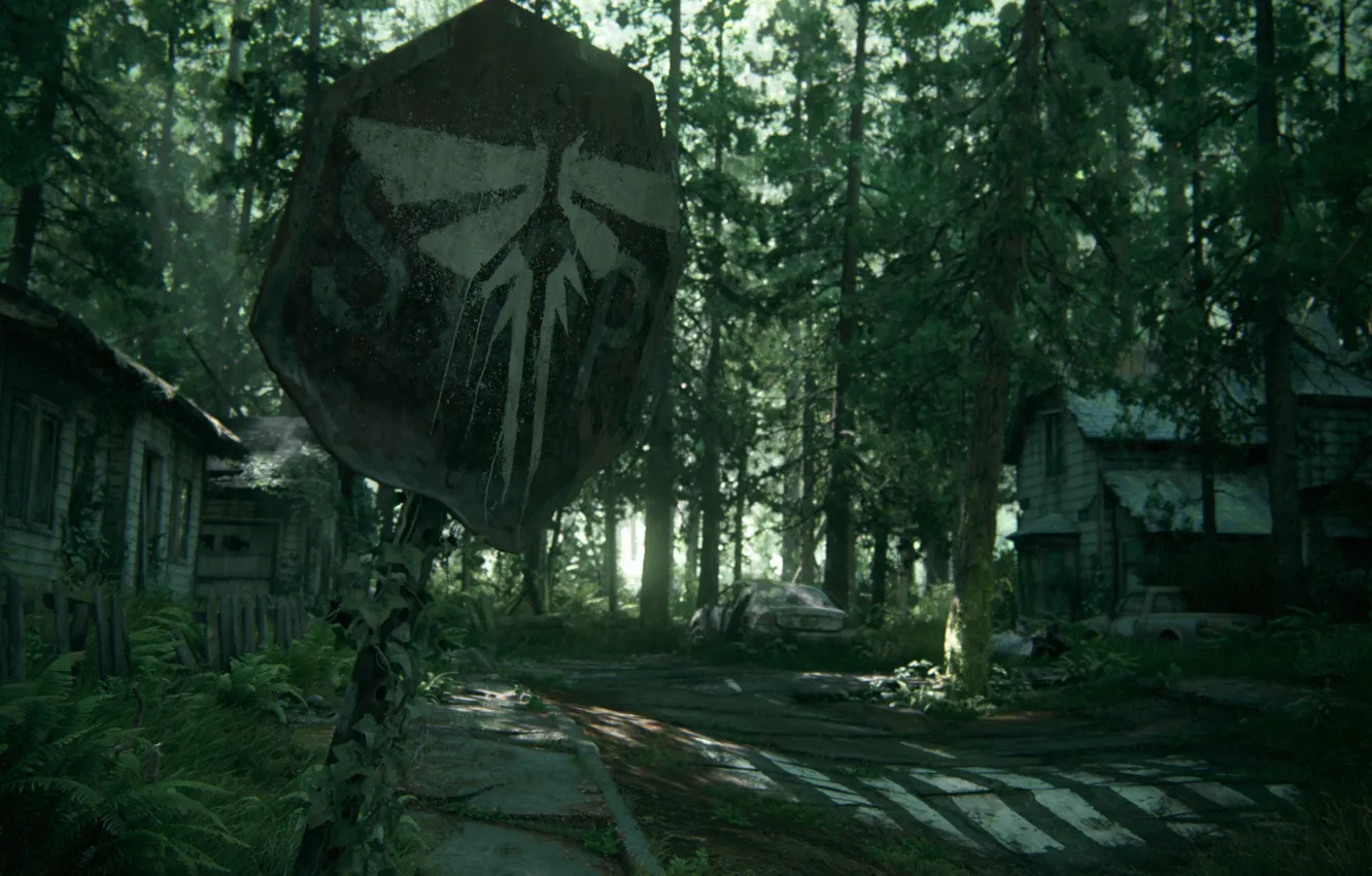 Фото обои лес, деревья, дом, знак, арт, цикады, Naughty Dog, The Last of Us Part II