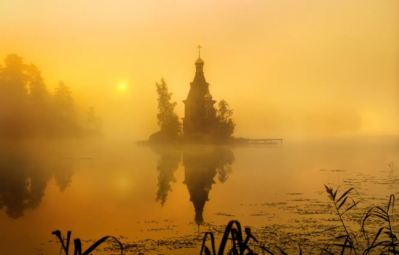 Фото обои туман, утро, Россия, Церковь Андрея Первозванного, Вуокса
