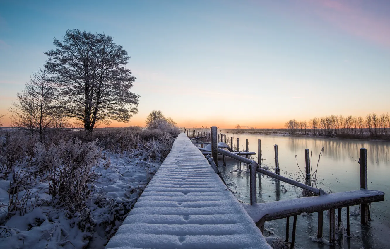 Фото обои зима, снег, мост, река