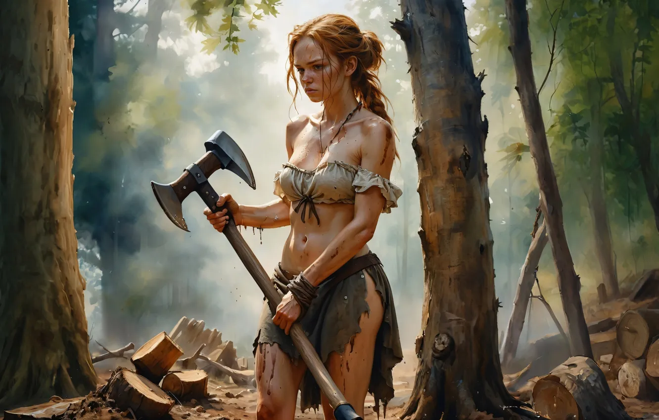 Фото обои axe, girl, forest, weapon, savage, ai art