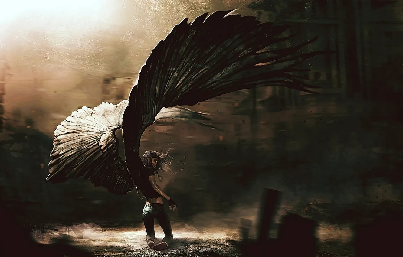 Фото обои девушка, мрак, крылья, тени, wings, angel