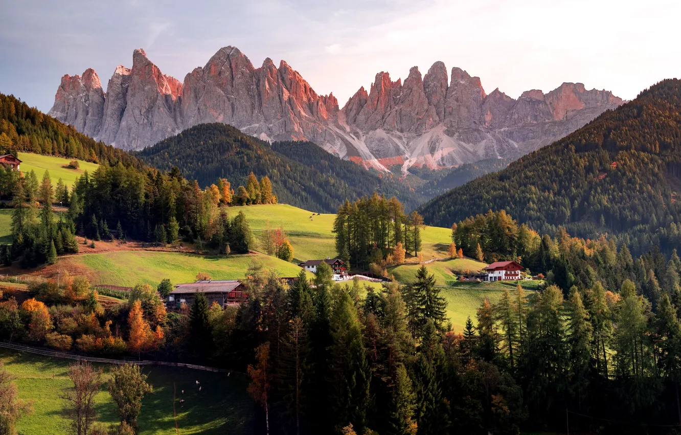 Фото обои Дома, Горы, Осень, Италия, Italy, Mountain, Autumn, Доломитовые Альпы