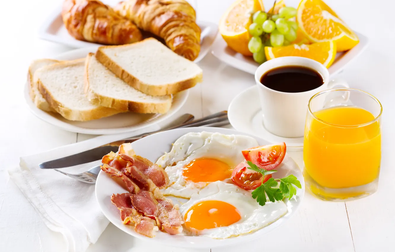 Фото обои кофе, завтрак, фрукты, яичница, cup, бекон, eggs, coffee