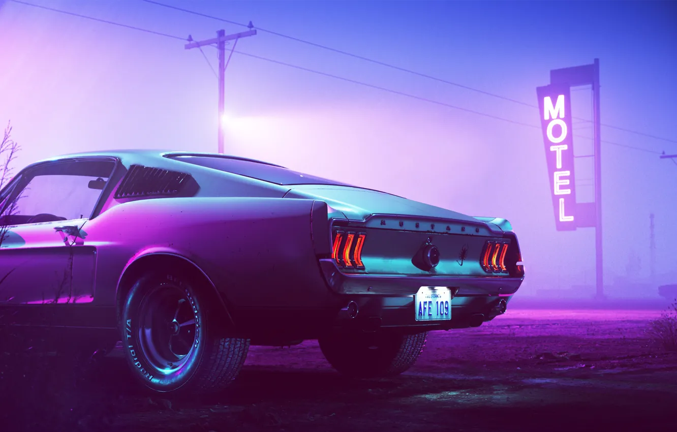 Фото обои 1969, Ford Mustang, Neon, Motel