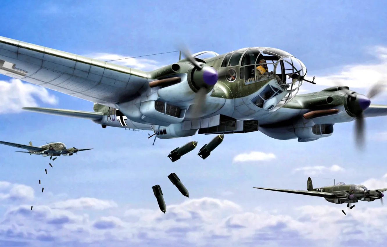 Фото обои Германия, art, Бомбардировщик, Heinkel, Вторая Мировая война, He-111, WWII, авиабомбы
