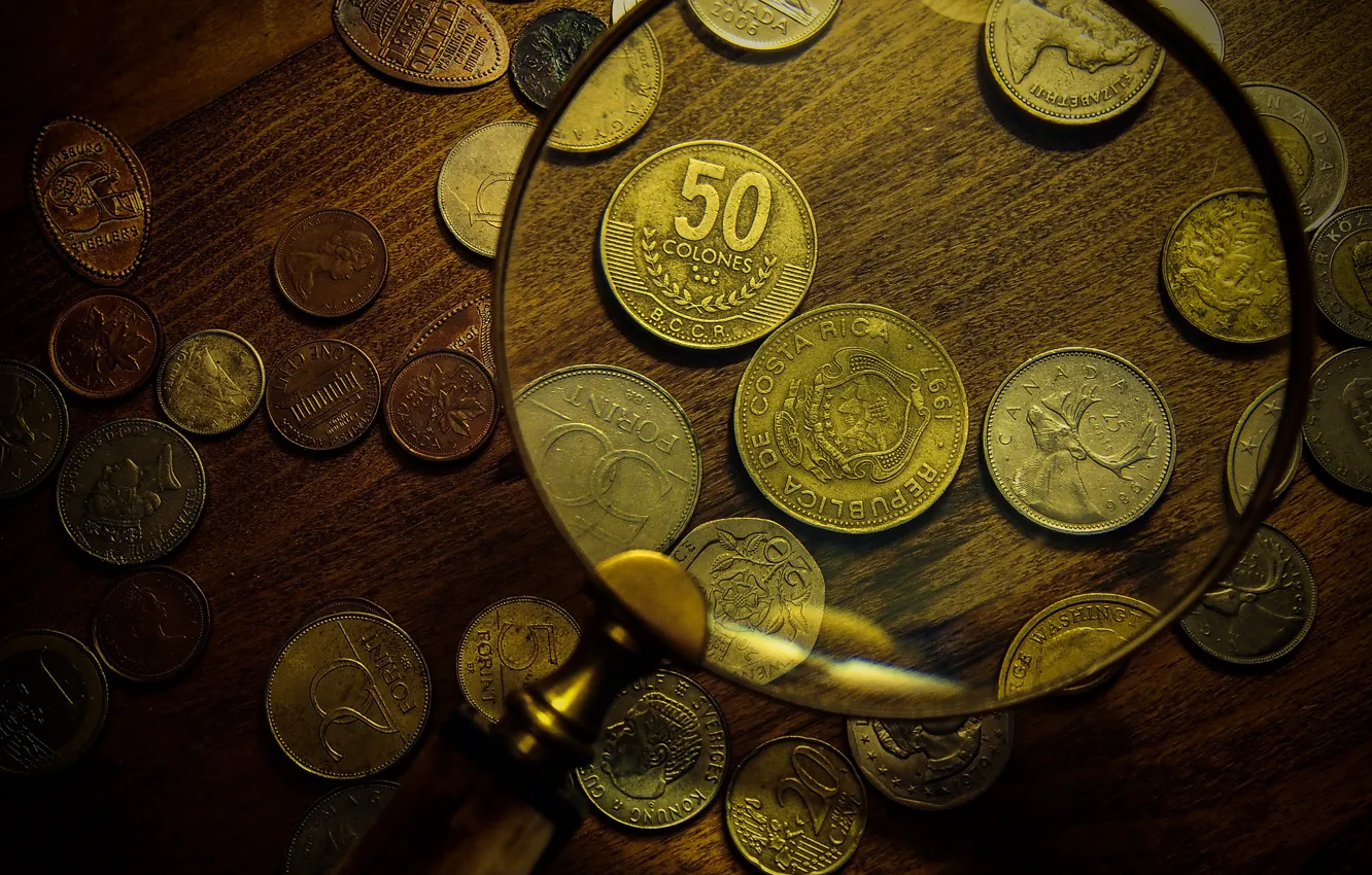 Фото обои макро, деньги, монеты, валюта, увеличилка